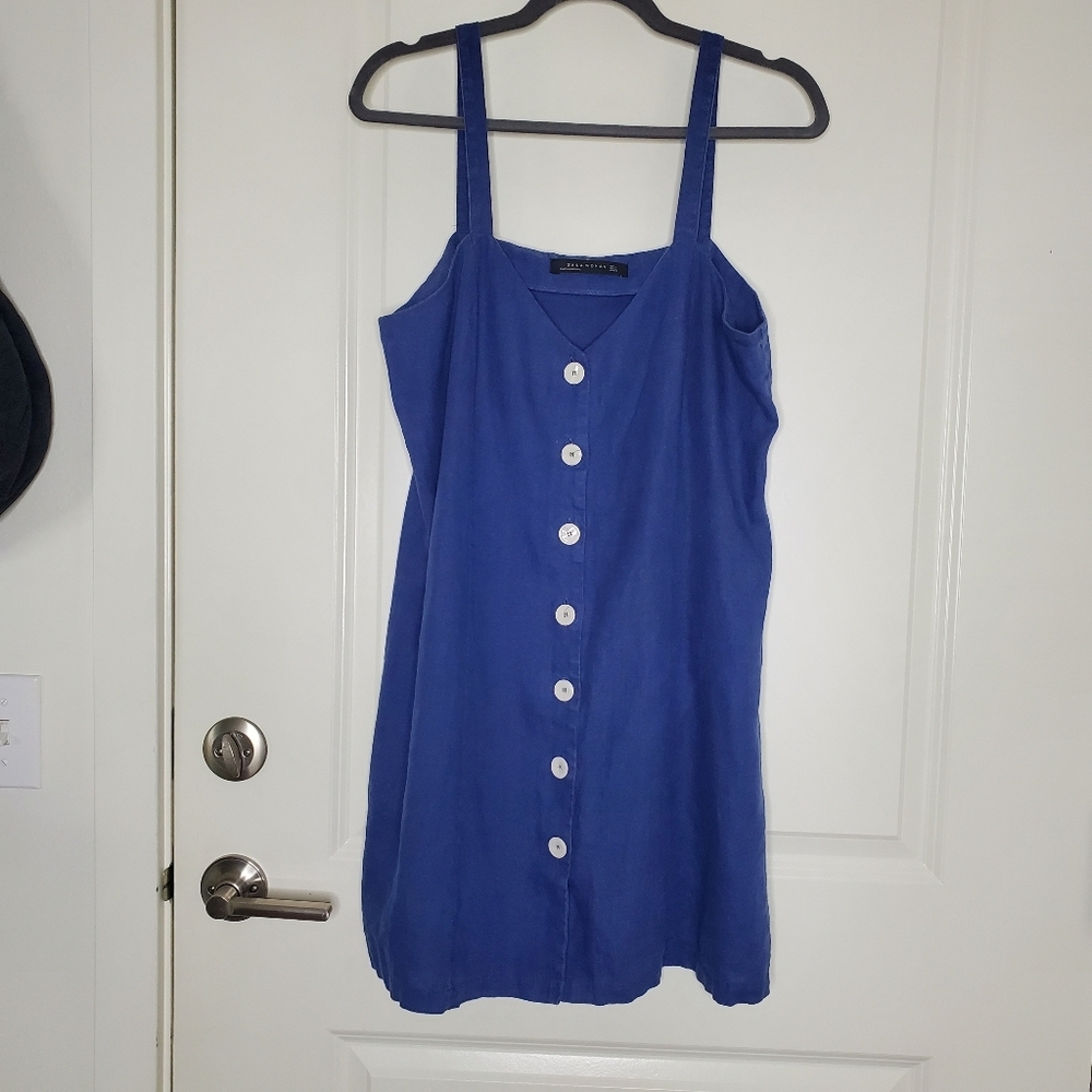 Zara Blue V Neck Button Front Linen Cotton Summer Beach Mini Dress - Picture 3 of 6